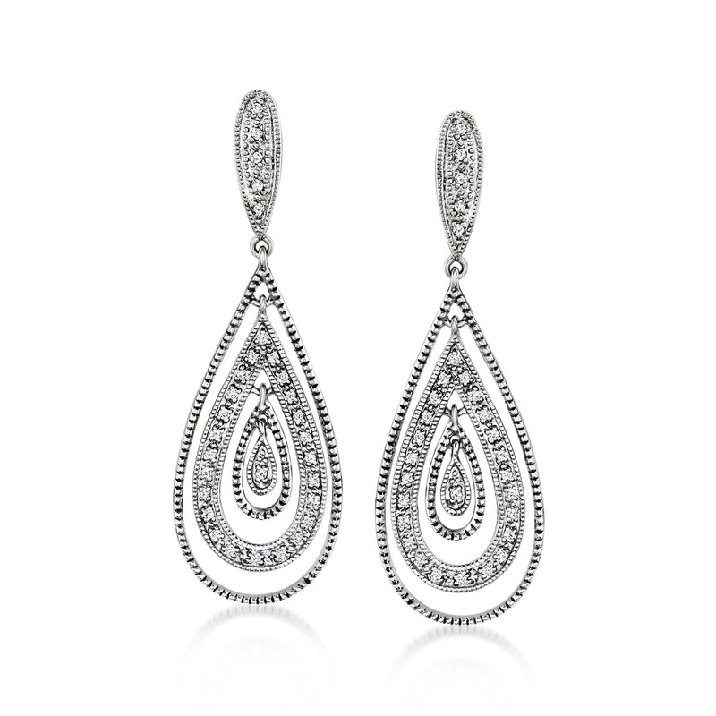 Vintage diamond drop earrings in 14kt white gold, teardrop design