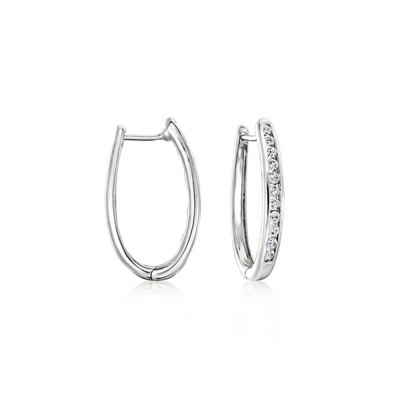 14kt white gold diamond hoop earrings, one plain hoop and one pavé-set hoop