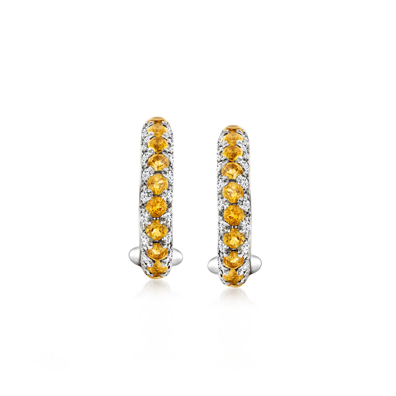 Curved hoop earrings in 18k white gold with oval citrine stones and diamond accents