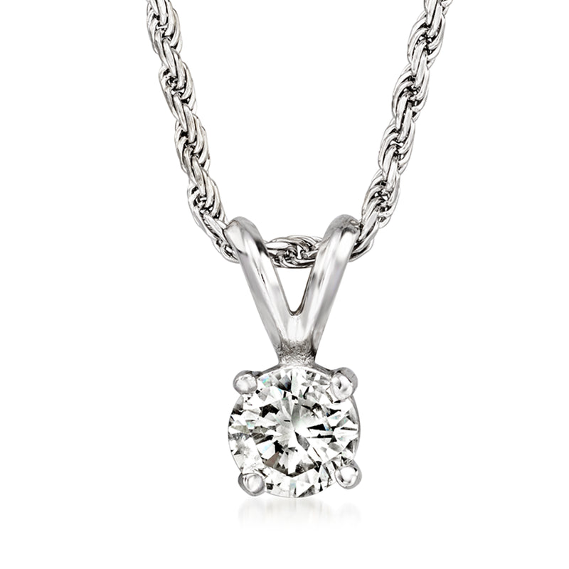 Vintage 14k white gold diamond solitaire necklace with round center stone and rope chain