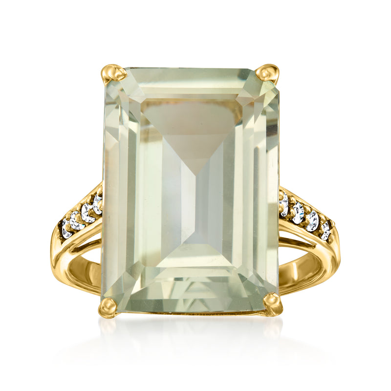 Emerald-cut light green gemstone ring in 18kt yellow gold with diamond accents
