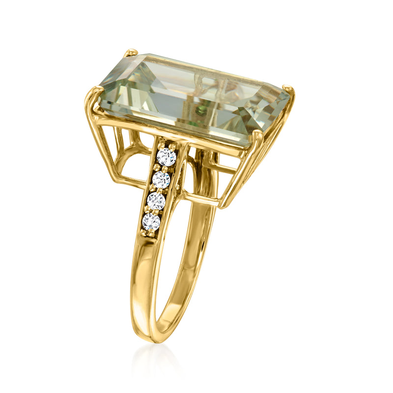 18kt yellow gold ring with rectangular light green stone and four-prong diamond details