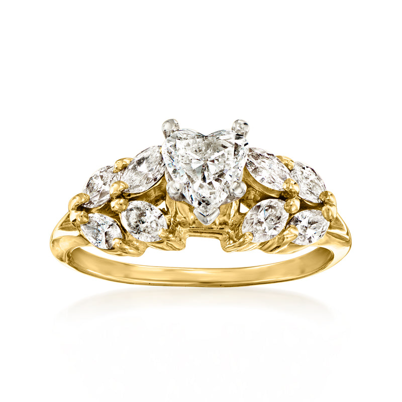 Heart and marquise diamond ring in 14kt yellow gold, raised prong setting.