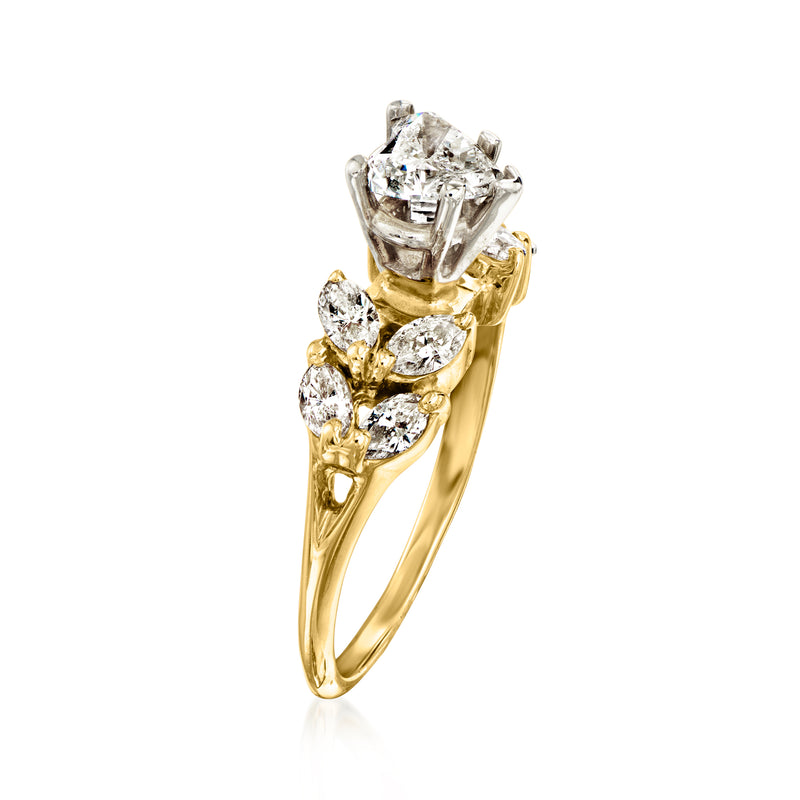 Heart and marquise diamond ring in 14kt yellow gold, side view of stones.