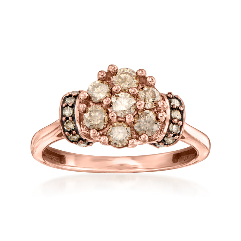 10kt rose gold diamond cluster ring with brown and clear stones