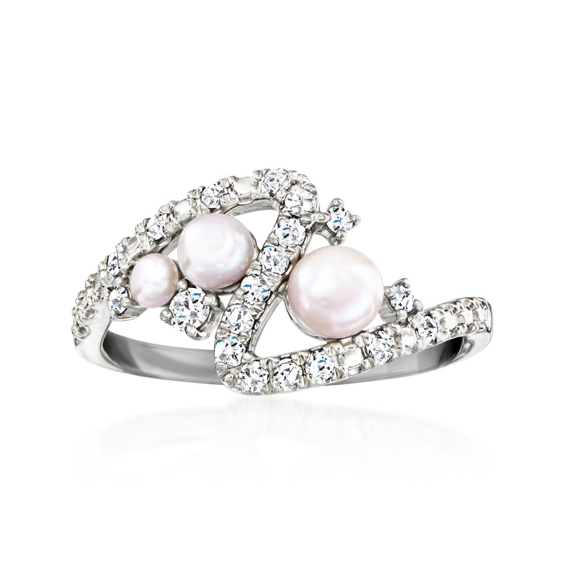 Sterling silver swirl ring with three white cultured pearls and diamond-look stones