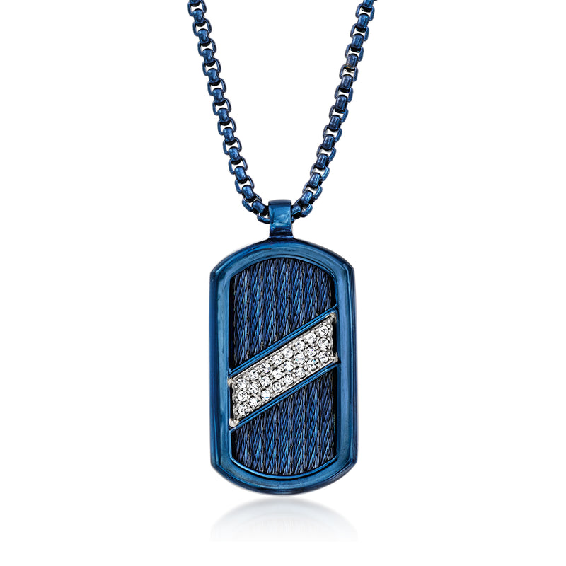 ALOR men's dog tag pendant necklace in blue stainless steel with diamond stripe