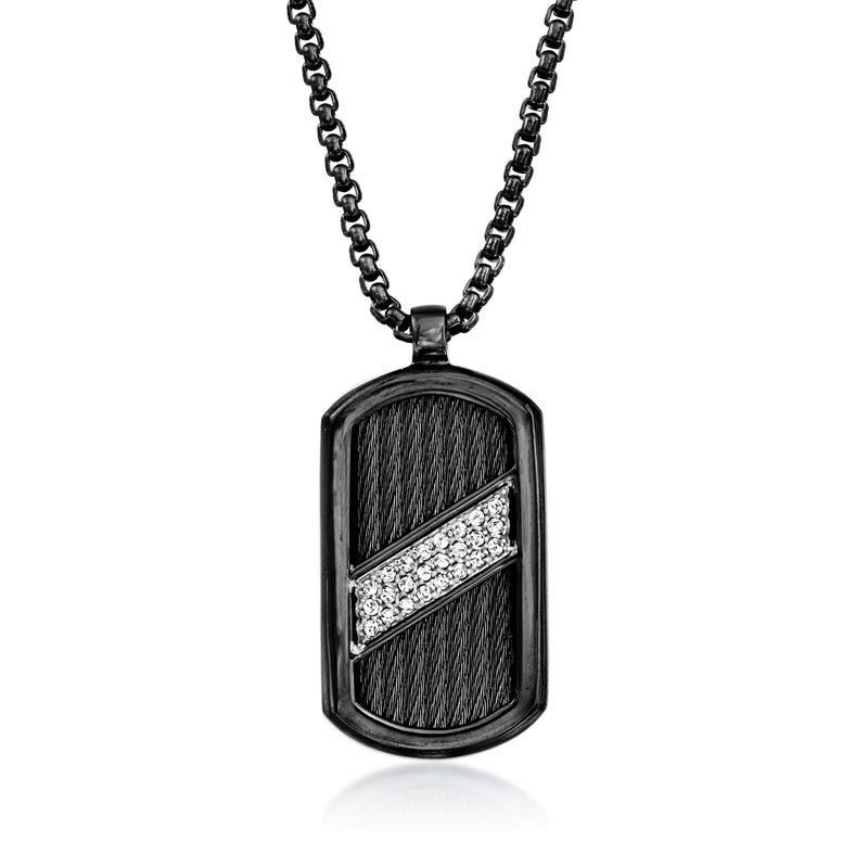 Black stainless steel dog tag pendant necklace with diamond inlay and chain