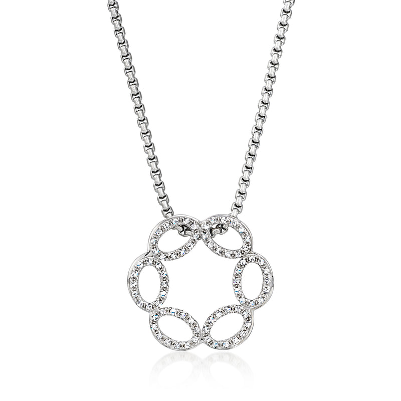 Diamond oval pendant necklace with linked infinity-style ring on silver chain