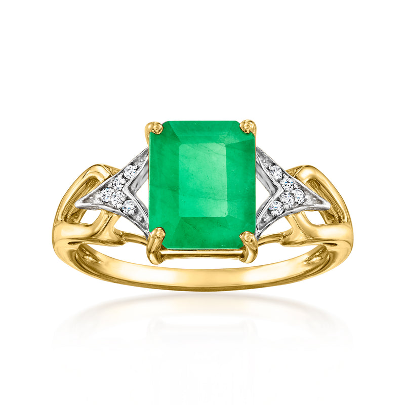 Emerald-cut green gemstone ring with diamond accents in 14kt yellow gold