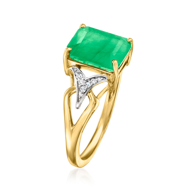 Emerald-cut green stone ring with white diamond side accents, 14kt yellow gold