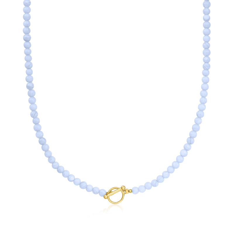 Light blue bead charm-compatible toggle necklace with gold clasp, 18kt gold over sterling