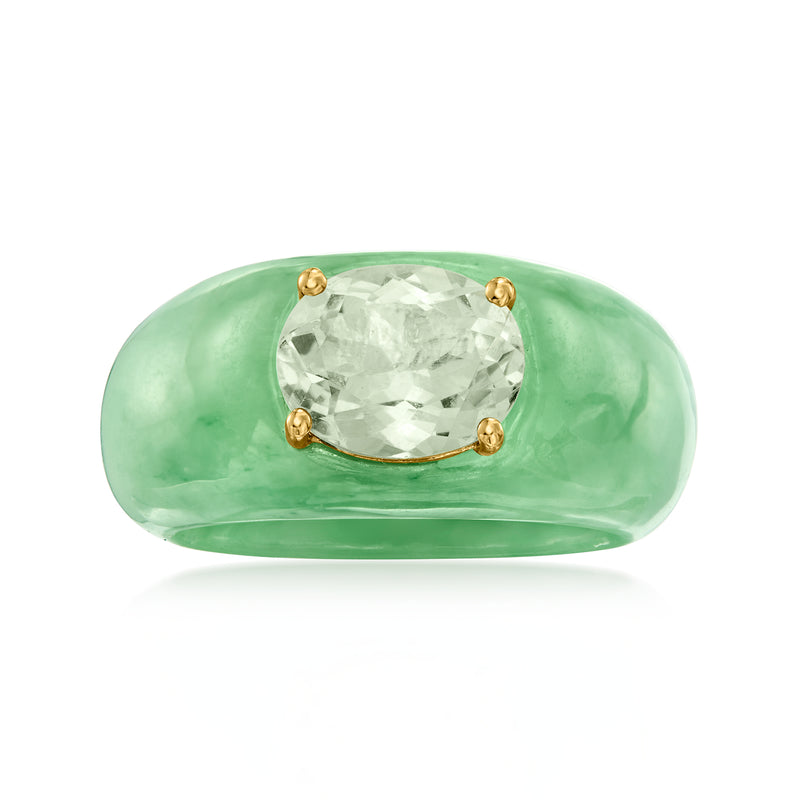 Green jade ring with oval faceted prasiolite and 14kt yellow gold