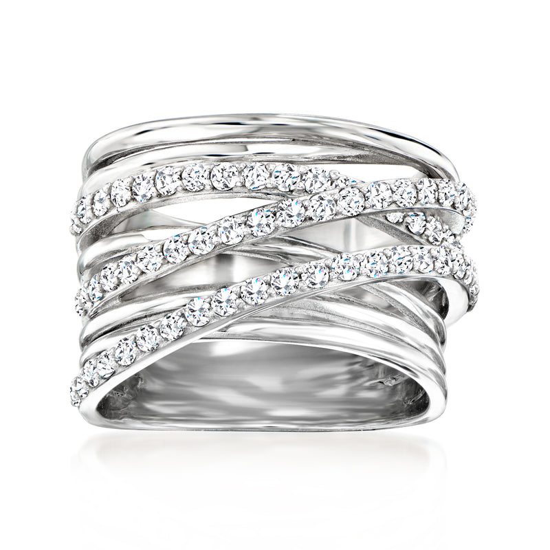 Sterling silver highway zircon ring with white stones on crisscross stacked bands