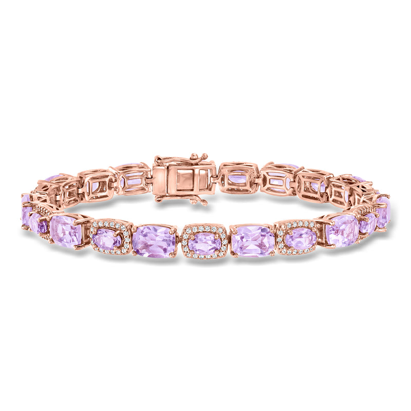 Rose gold tone tennis bracelet with faceted amethyst purple stones in bezel settings