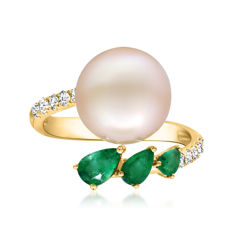 Cultured South Sea pearl ring in 14kt yellow gold with emeralds and diamond accents