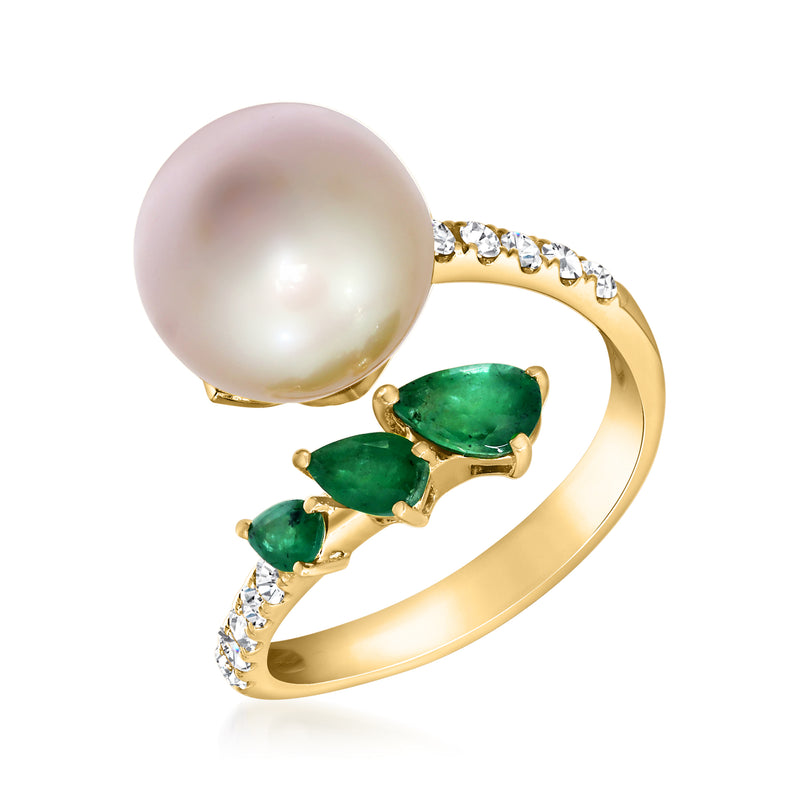 Cultured pearl ring with three teardrop emeralds, diamond side accents, 14kt yellow gold