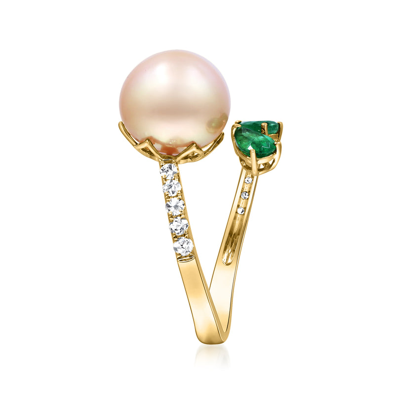 Cultured pearl and emerald ring with V-shaped diamond accents in 14kt yellow gold