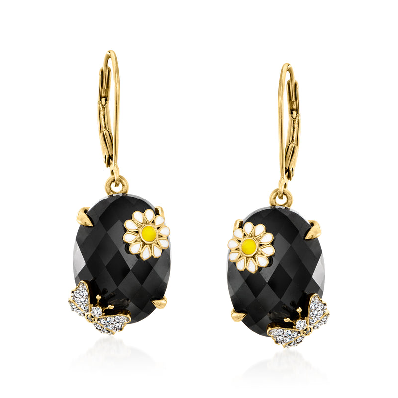 18kt gold over sterling drop earrings with black oval stone and white flower accents