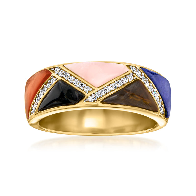 Gold-tone geometric gemstone ring with pink, black and orange inlays, white crystal borders
