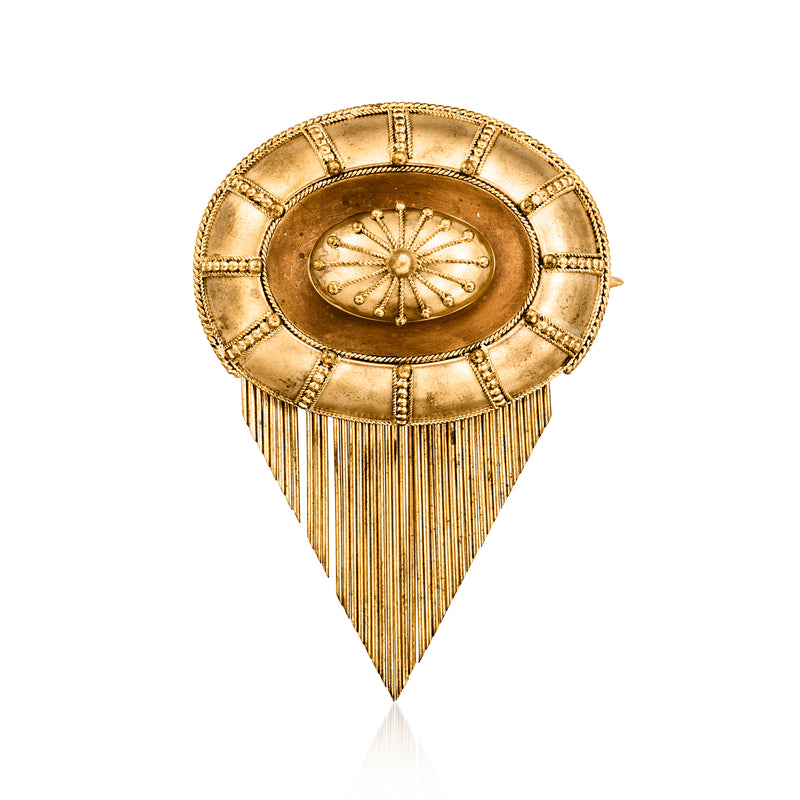 Vintage 15kt yellow gold oval mourning pin with fringe and central rosette