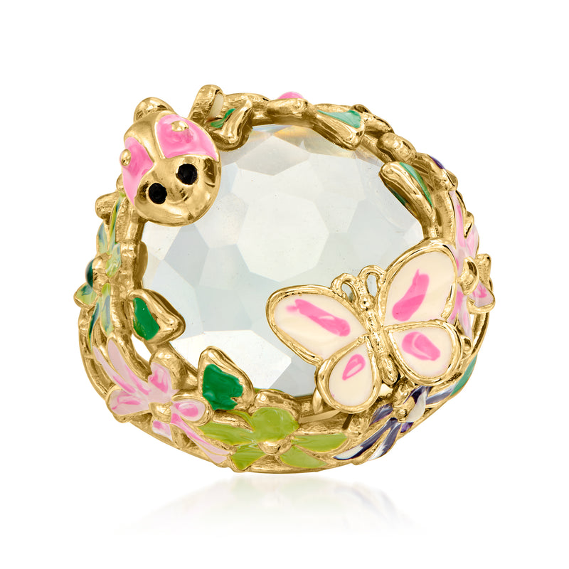 Vintage 14kt yellow gold floral ring with clear crystal center and pink/green enamel