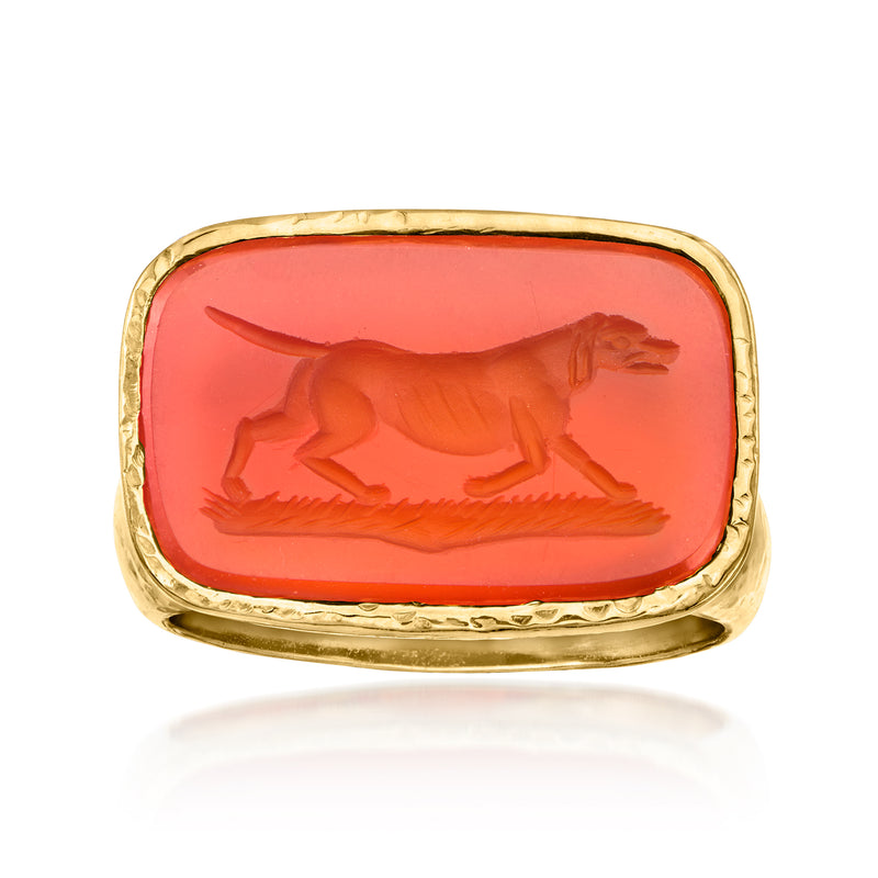 Vintage dog intaglio ring with red carnelian plaque in 19kt yellow gold