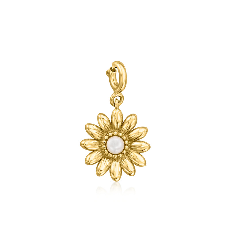 Sunflower pearl charm with round white cultured pearl in 18kt gold over sterling