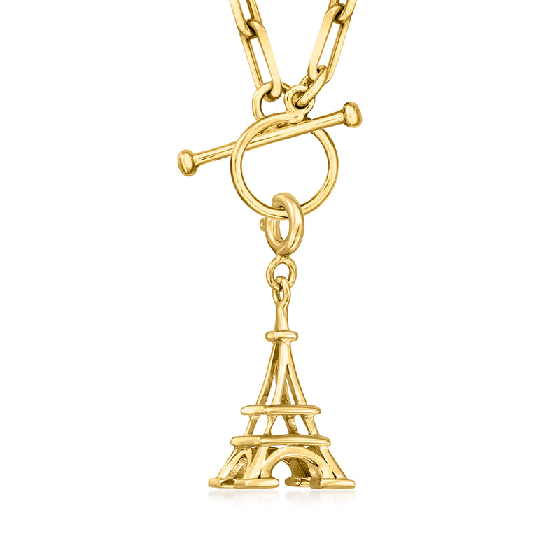 Gold Eiffel Tower charm detail with hanging ring and clasp attachment