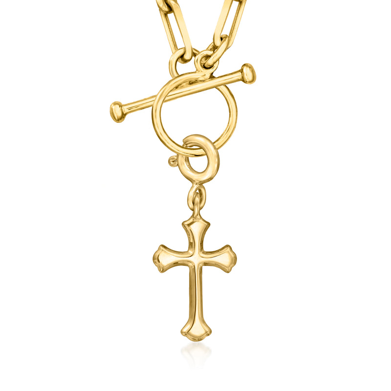 Gold cross charm pendant on linked necklace chain with top bail ring