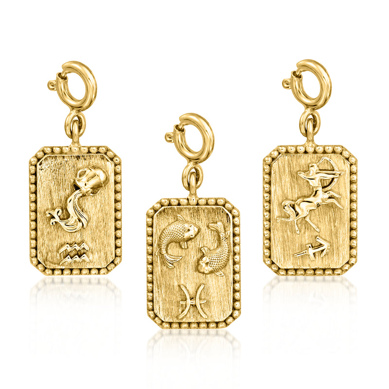 Set of three gold-over-sterling zodiac charms with bead border and hanging loops
