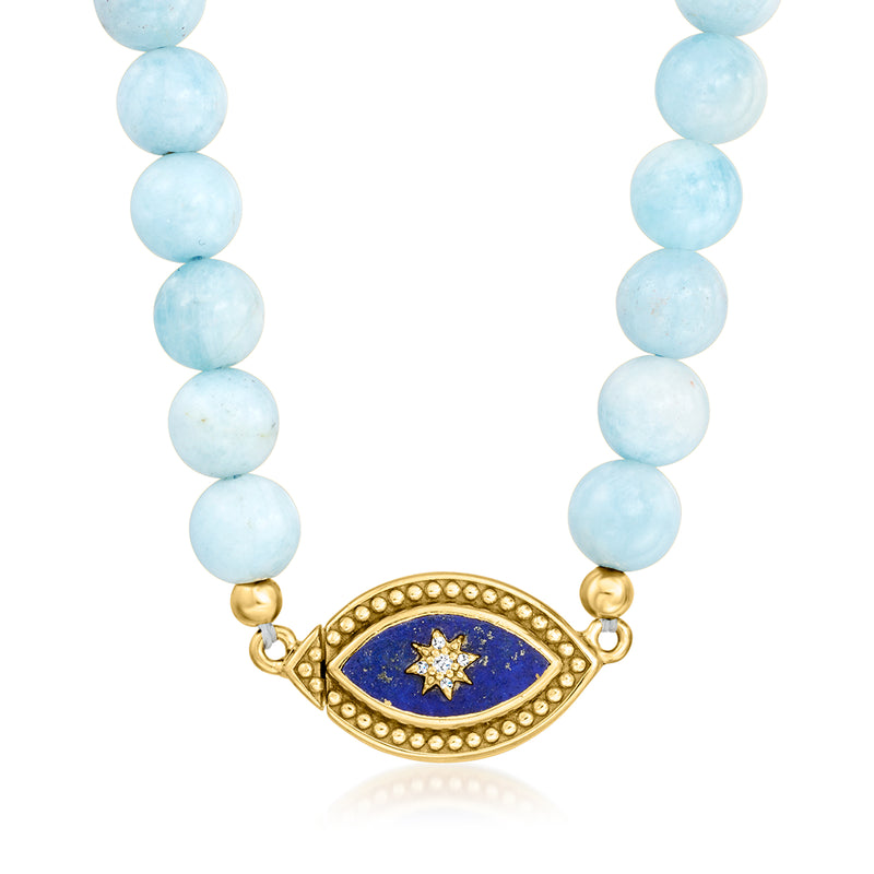 Aquamarine bead evil eye necklace with gold-tone teardrop pendant and blue stone