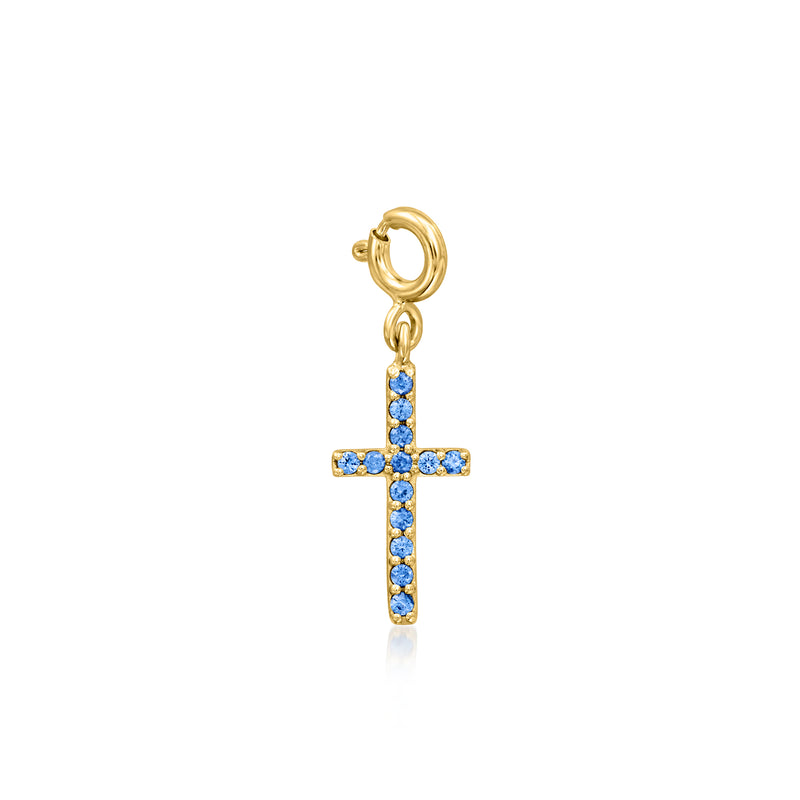 18kt gold over sterling sapphire cross charm with blue stone accents
