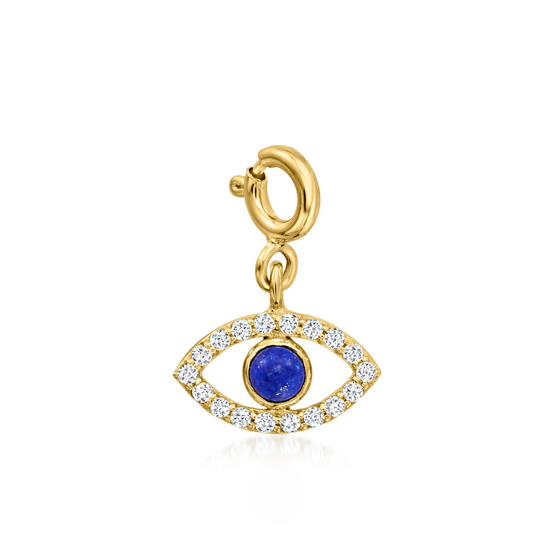 Evil eye charm with blue lapis-style center and white stone surround on gold hoop