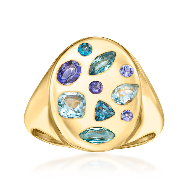 Gold-tone oval-shape ring with blue multi-gemstones bezel set on domed face