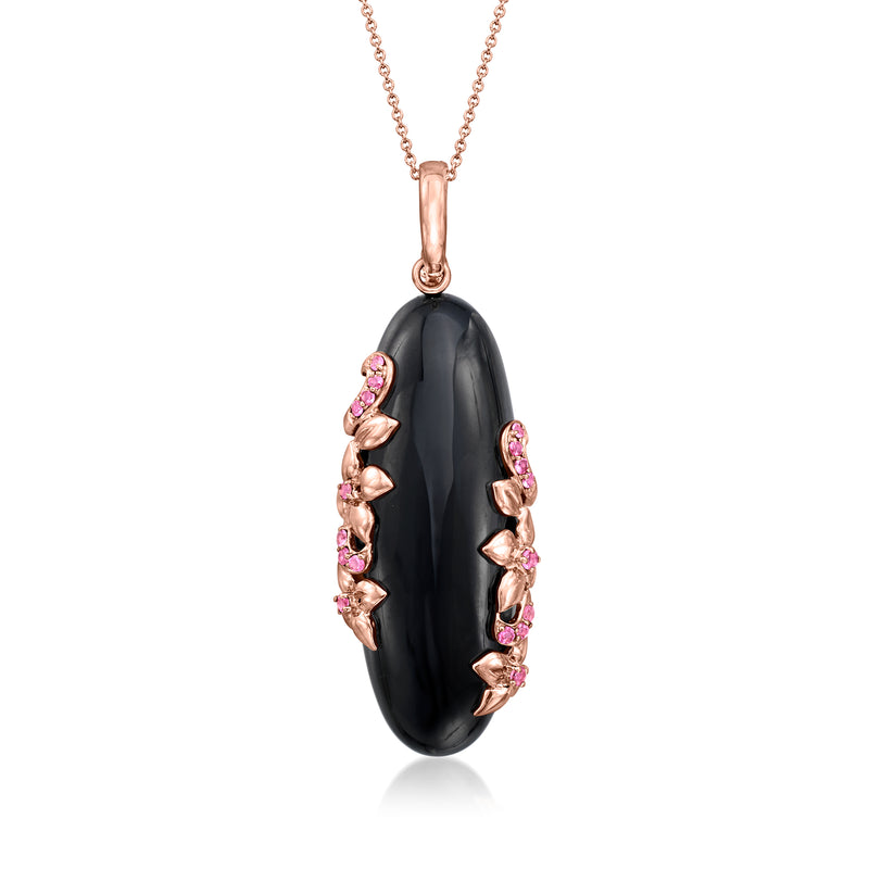 Rose gold pendant necklace with black onyx-style oval pendant and pink gemstone accents