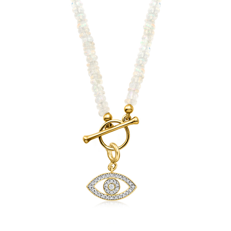 Opal bead toggle necklace with gold toggle and sparkling eye charm