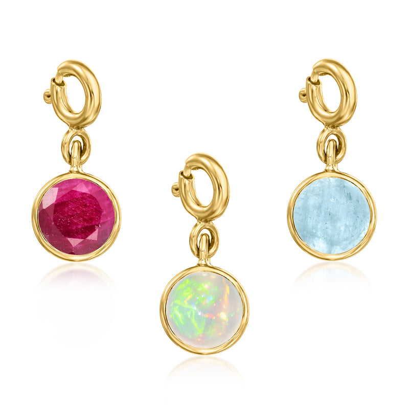 Gold-tone hoop earring pair with round pink and round blue opal-style charms
