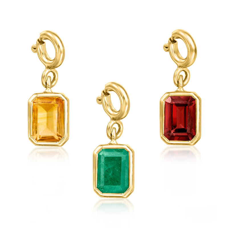 Gold over sterling birthstone charm earring with emerald-cut yellow, red, and green stones