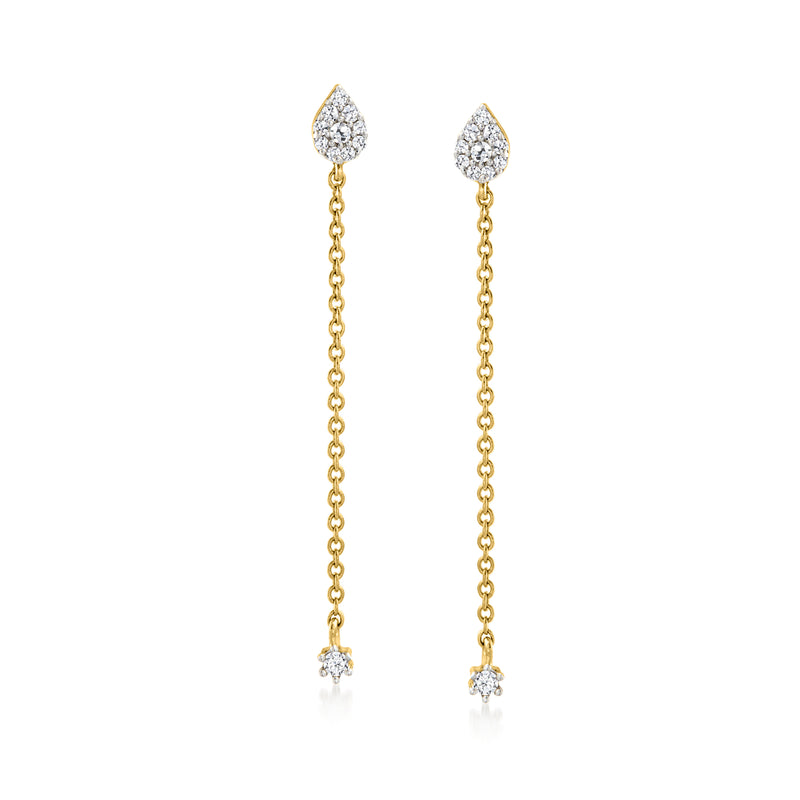 10kt yellow gold teardrop diamond drop earrings with long chain and small dangling stones
