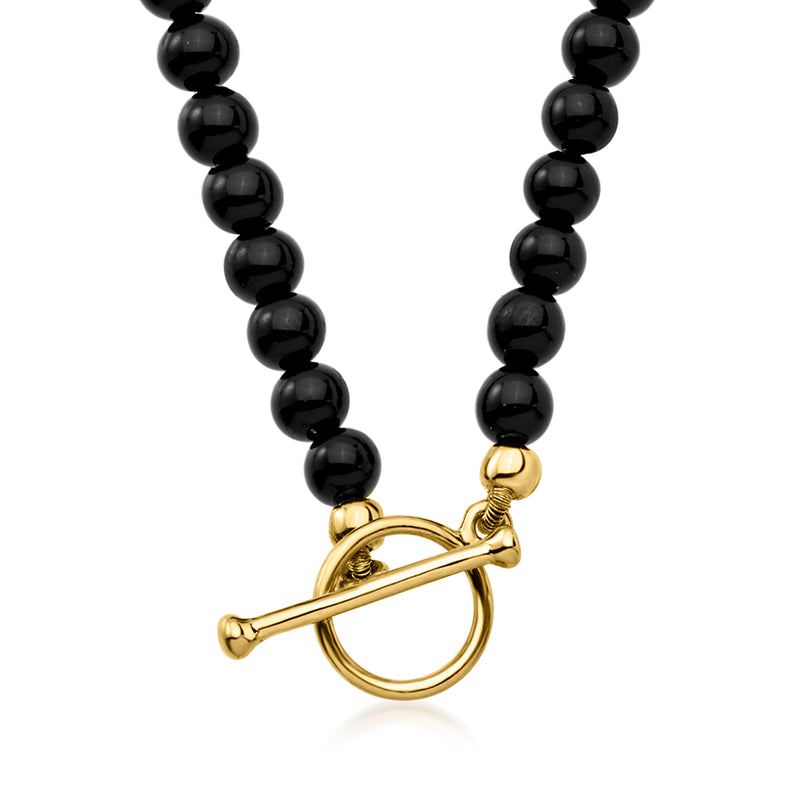 Onyx bead toggle necklace detail: gold-tone toggle clasp on bead strands