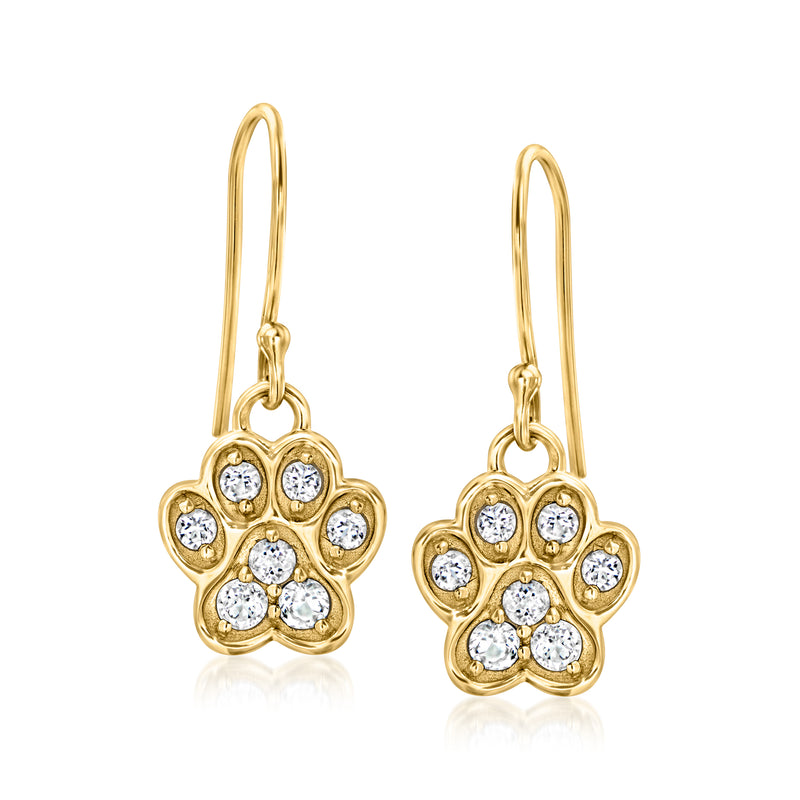 Gold paw print drop earrings with white topaz stones, hoop earwires