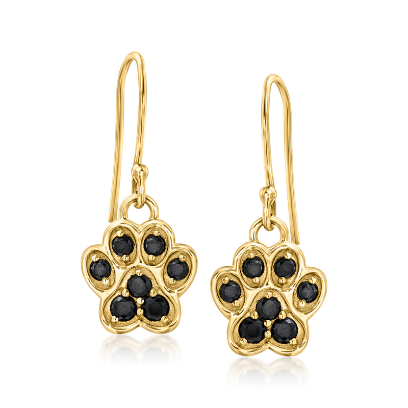 18kt gold over sterling paw print drop earrings with black gemstone detail
