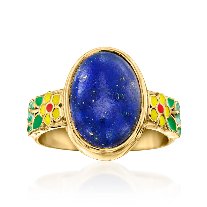 18kt gold over sterling ring with oval blue lapis cabochon and multicolor enamel floral details