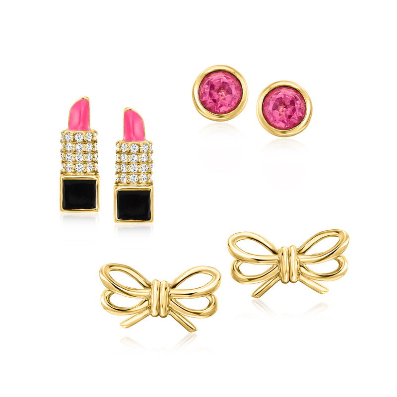 Gold-tone post earrings set: bow studs, pink/black square enamel studs, and pink round studs