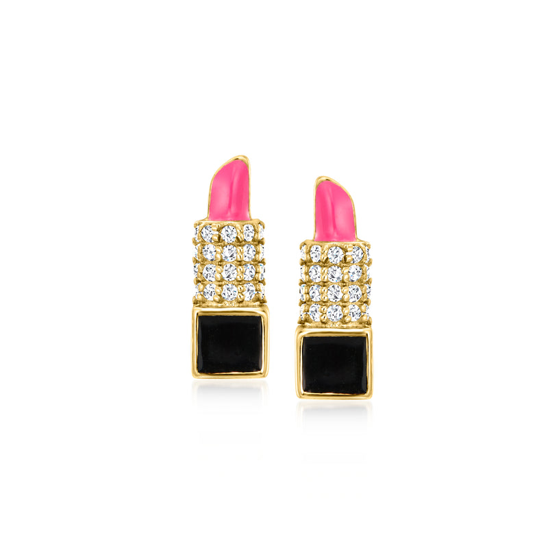 Gold-tone post earrings with pink enamel tops, black square centers, crystal accents