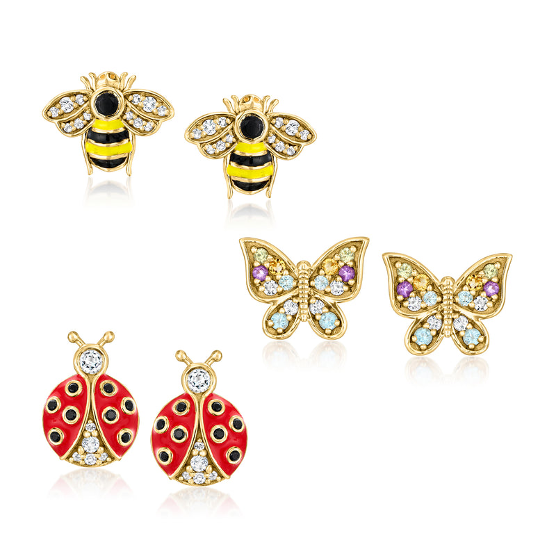 Three pairs of insect stud earrings in gold tone with enamel and rhinestone details