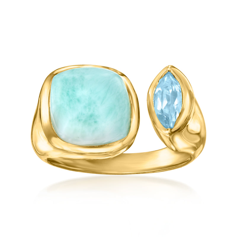 Gold over sterling cuff ring with mint cushion stone and sky-blue marquise topaz