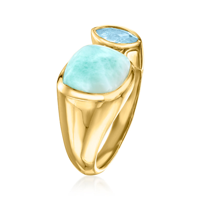 Gold over sterling cuff ring with oval mint stone and blue marquise topaz bezel