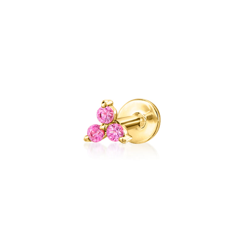 14kt yellow gold stud earrings with three pink sapphires in a cluster setting